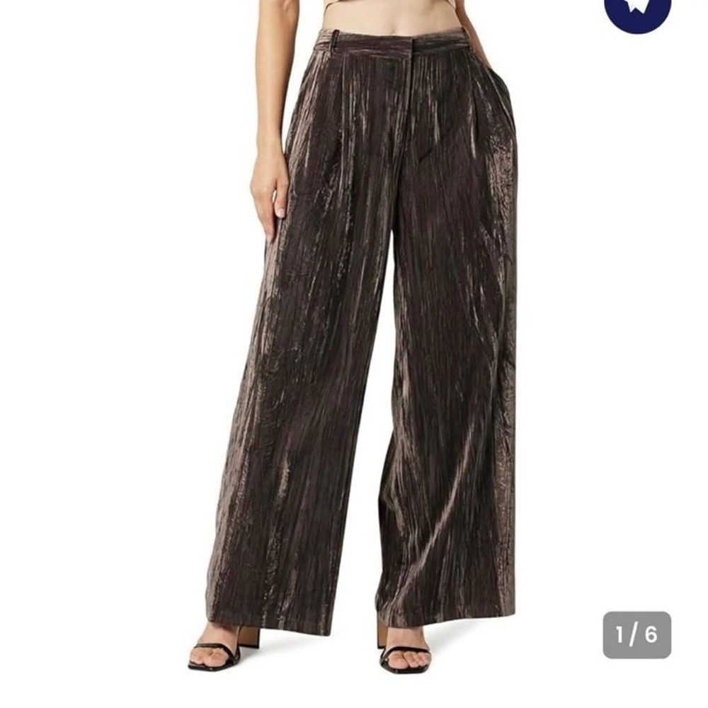 The Drop Wide Leg Crushed Velvet Trousers XS Brown Pockets Cocktail Luxe Retro
